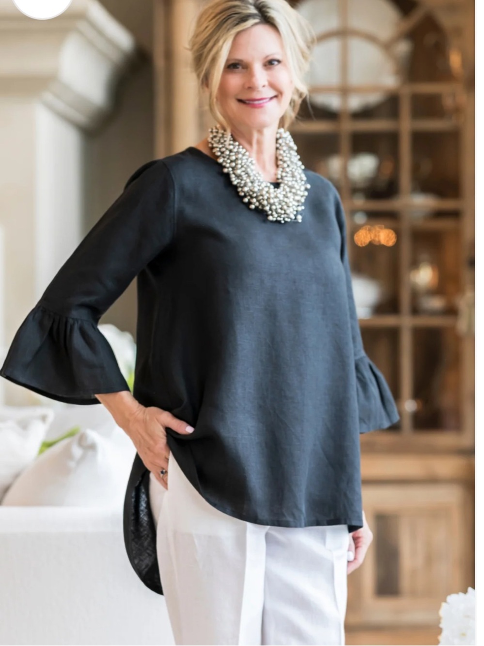 Crown Linen Designs Bella Bell Sleeve Lt Gray Linen Sz L
